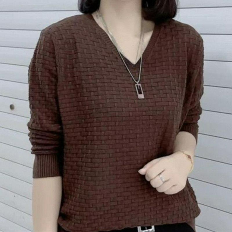 Large Size Autumn and Winter Women's Western Style All-match Long-sleeved V-neck Sweater Women's Solid Color Loose Knitted Bottoming Shirt
