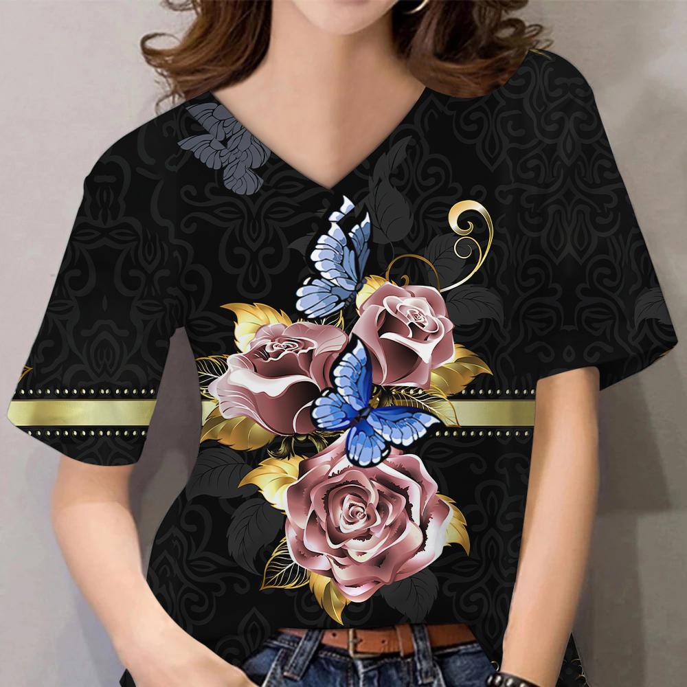3D Floral Print Women Short Sleeve Tops V Neck Summer Lovers Couples T Shirt