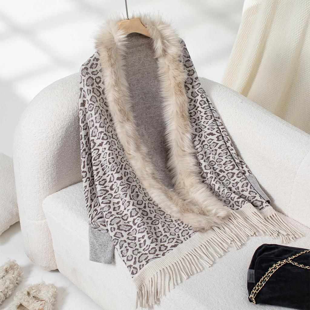 Leopard Print Fur Collar Knitted Cardigan: Autumn/Winter Batwing Sleeve Cape