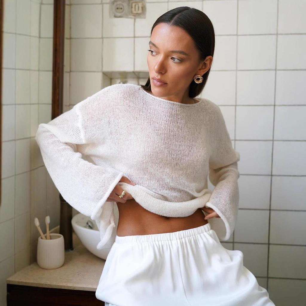 "2025 Spring/Summer Women's Sheer Knit Sweater: European and American Style, Trumpet Sleeves, Round Neck"