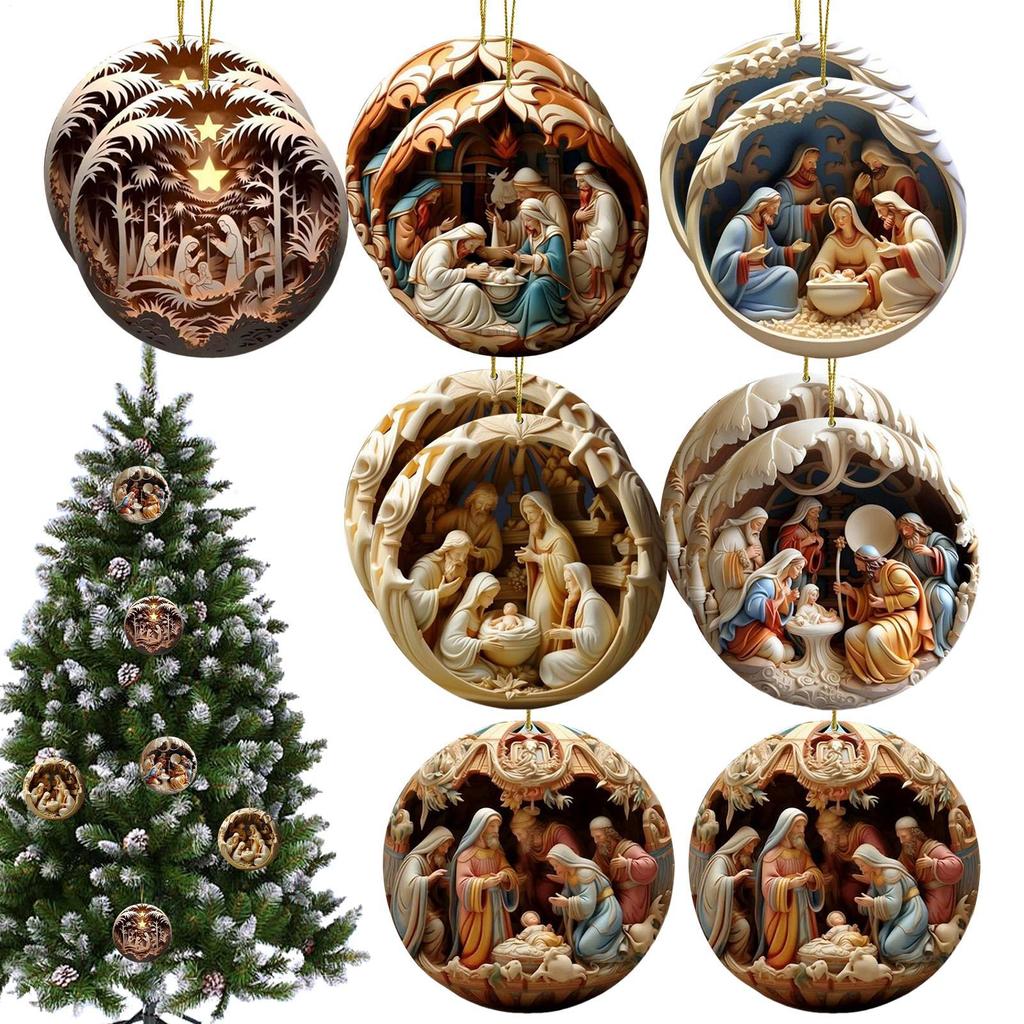 12pcs Christmas Tree Wooden Ornament Wood Nativity Scene Pendant Decor 2D Painted Christmas Tree Nativity Ornament