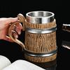 Rustic Wood Grain Beer Cup Barrel Mug, 600ml Stainless Steel Liner Stein, Insulated Mug Tankard for Pub Home Bar Party Gift