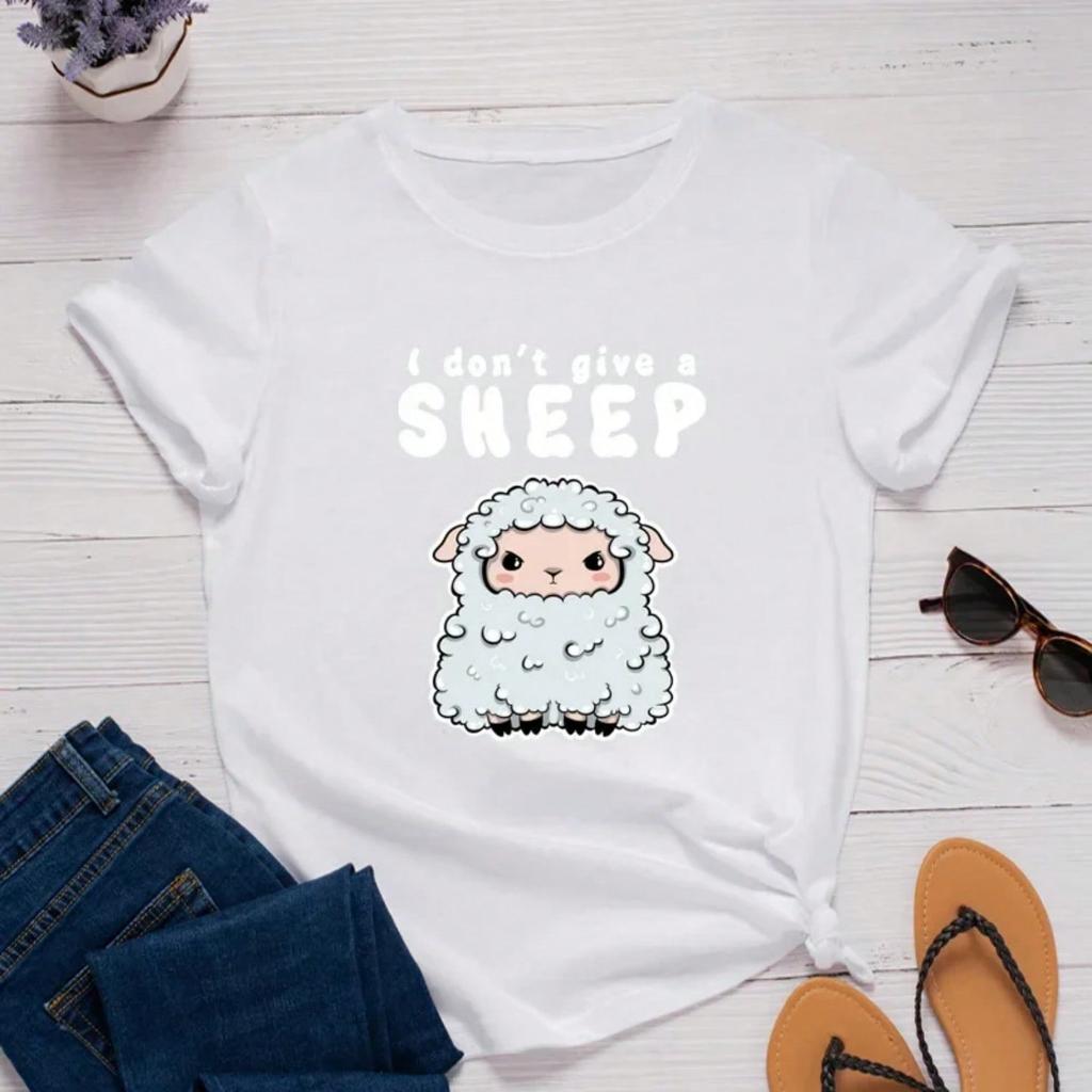 I Don't Give A Sheep Print Wounisex T Shirt Short Sleeve O Neck Loose Wounisex Tshirt Ladies Tee Shirt Tops Clothes Camisetas Mujer
