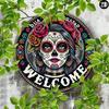 Vintage Tin Metal Art Decor Sugar Skull Wreath Sign Home Outdoor Wall Hanging