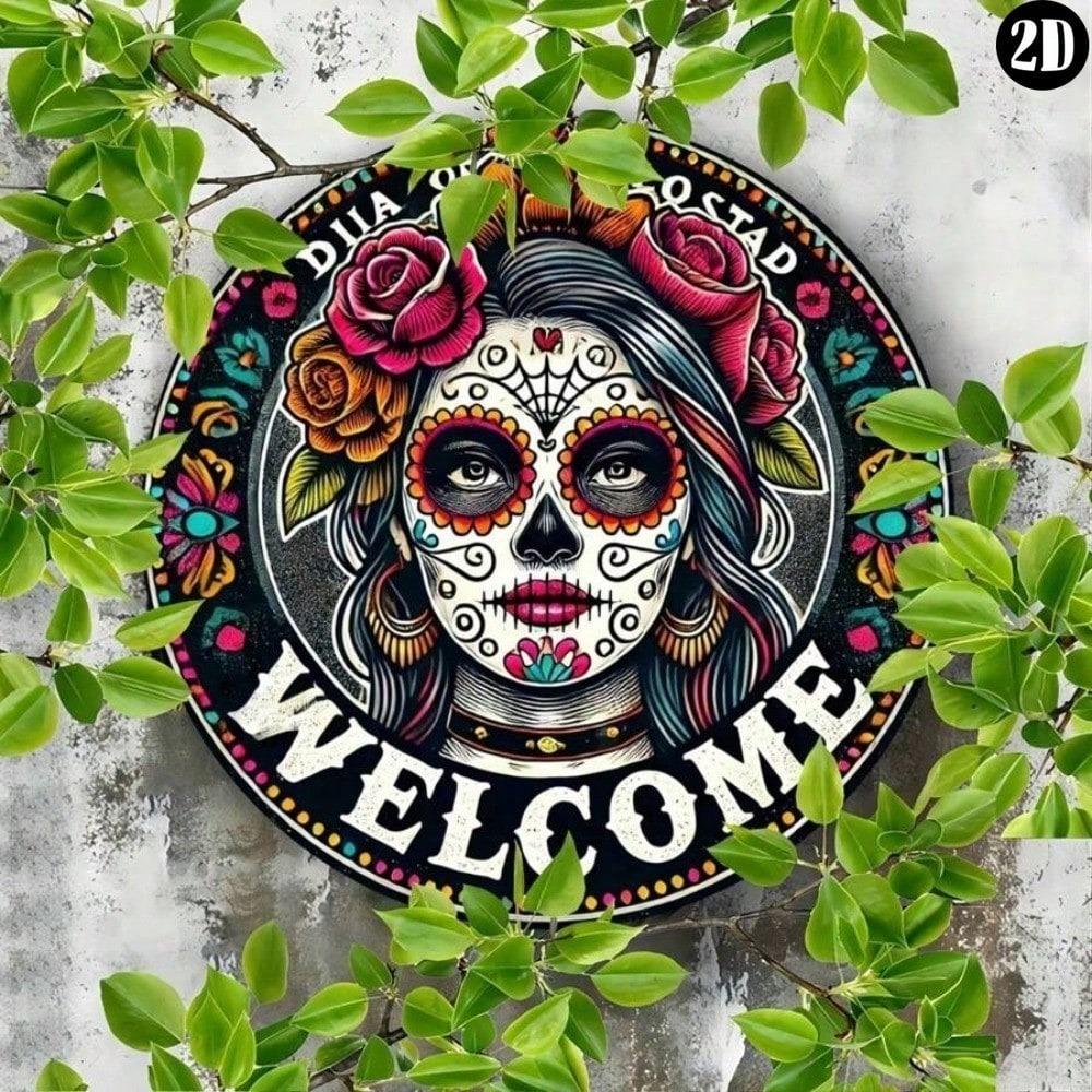 Vintage Tin Metal Art Decor Sugar Skull Wreath Sign Home Outdoor Wall Hanging
