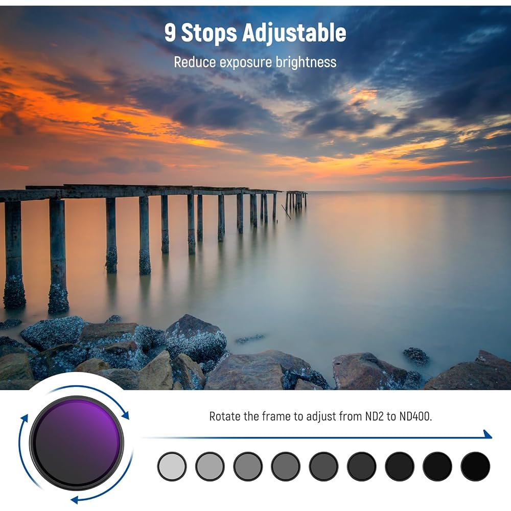 NEEWER 82mm Variable ND Filter ND2-400 (1-9 stops) with Lens Cap/Strap/Cleaning Cloth, Adjustable Neutral Density, Multi-layer Coated Optical Glass, W