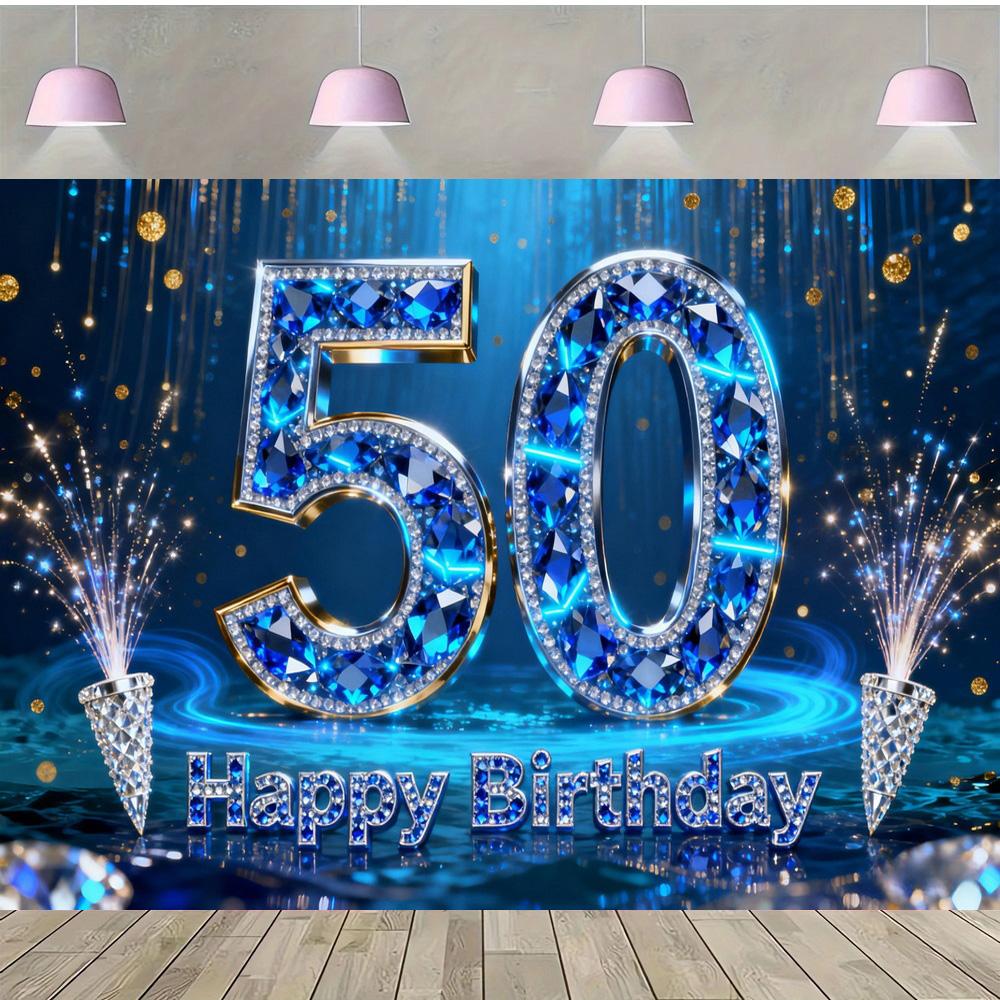Alles Gute zum 50. Geburtstag mit Fotohintergrund zum Thema Blaue Edelsteine, Geburtstagsparty für Erwachsene, Familienfeier Dekoration Fotohintergrund
