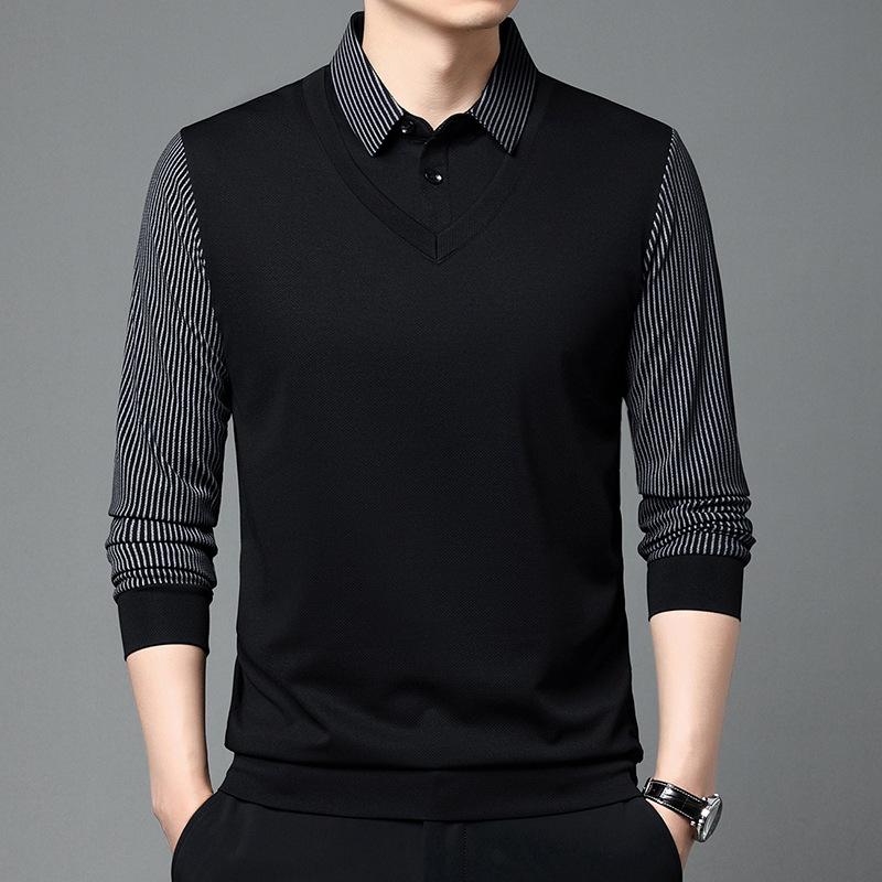 Popular Fake Two-piece Thin Long-sleeved Men's Shirt Collar Spring Autumn New Striped Casual Tees Bottoming Shirt T-shirt