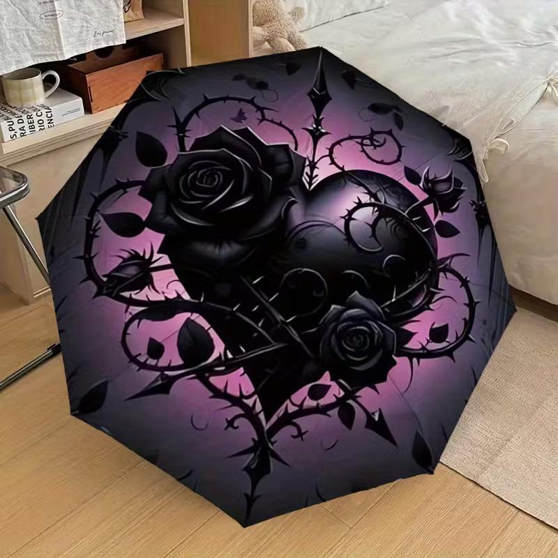 1 Gothic Rose Design Automatic Folding Umbrella | Compact Travel Umbrella with 8 Iron Ribs, Lightweight and Portable, Ideal fo