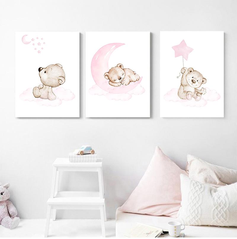 Pink Bear Moon Star Child Nursery Print Cartoon Animal Wall Art Canvas Painting Nordic Kid Baby Room Decoration Picture No Frame