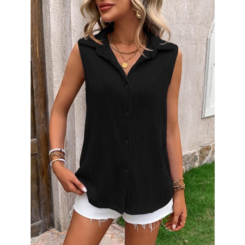 Gilet da donna senza maniche con bottoni, camicia con colletto testurizzato, top estivo casual ampio