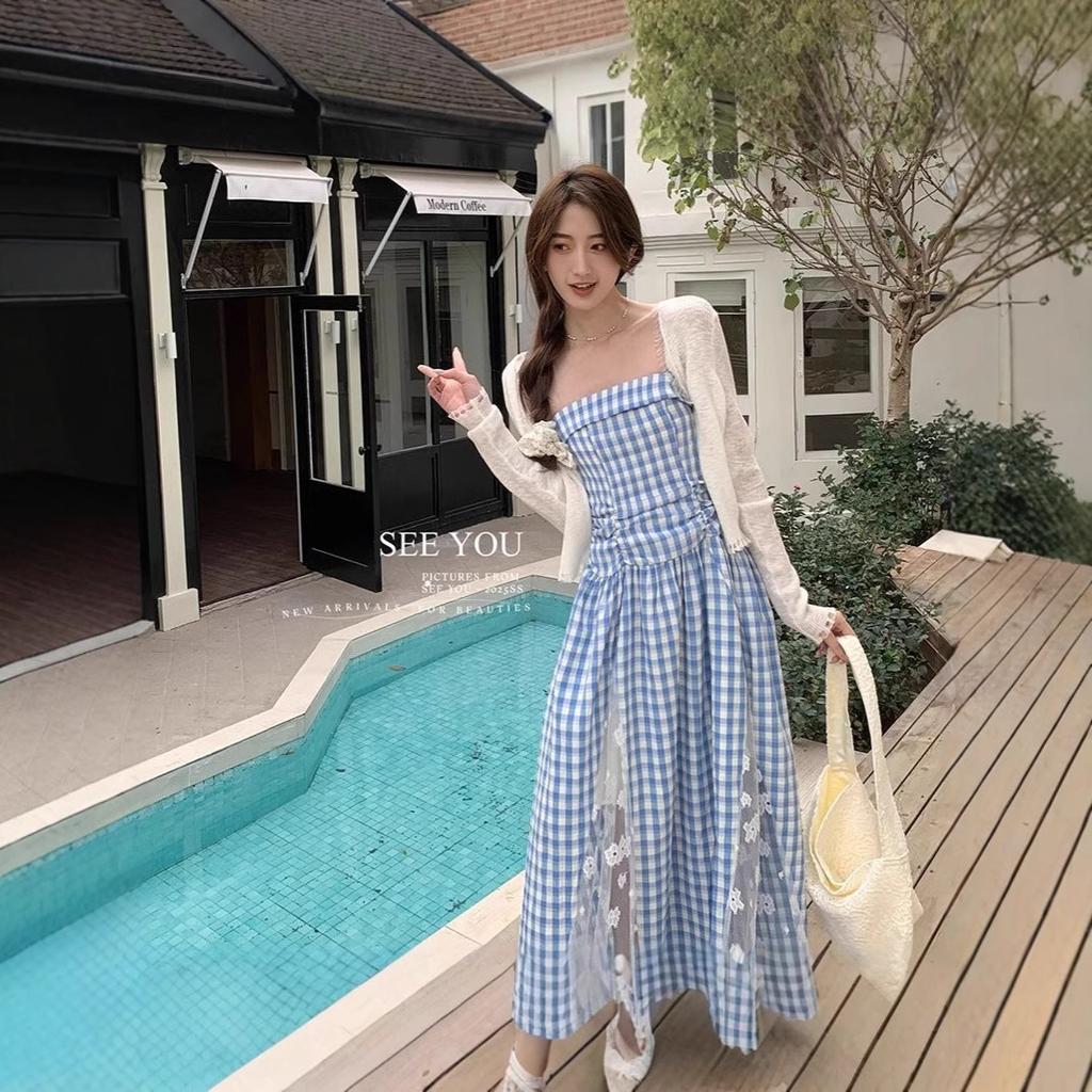 Blue Plaid Lace Suspender Dress Women's Summer Dopamine Bright Wear Seaside Vacation Beach Sunset Dress