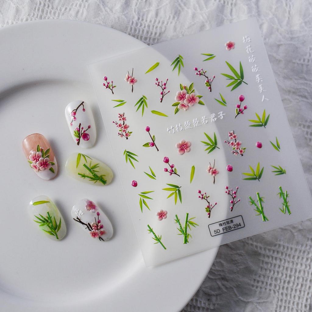 Green Bamboo Nail Art Stickers: Ink Bamboo Adhesive Decals - Elegant, Waterproof, Summer-Fresh Style