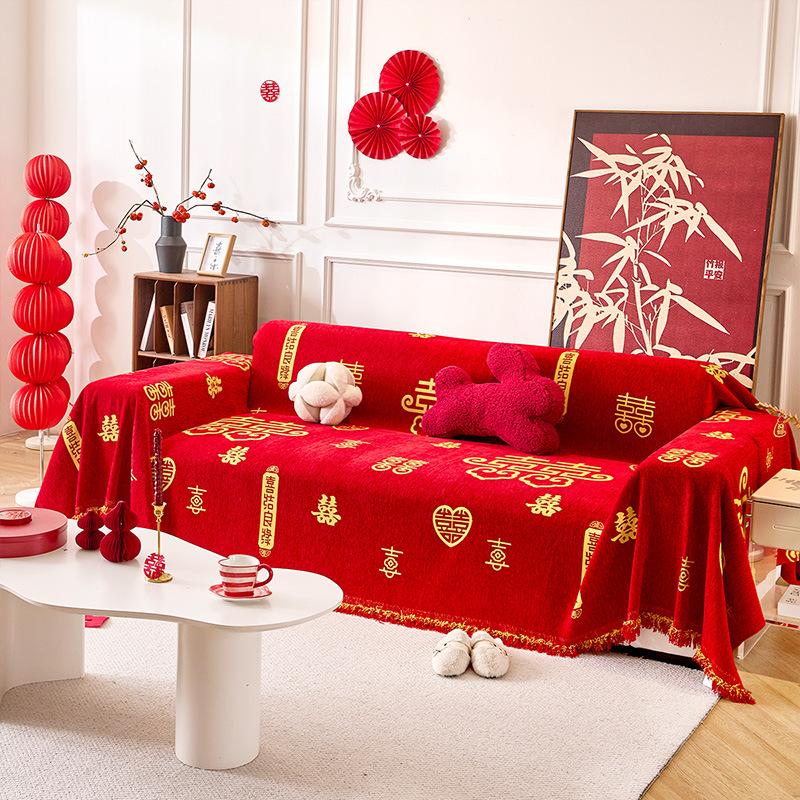 New Red Chenille Sofa Towel For Festival Soft Anti Cat Scratch Sofa Cover For Living Room Printed Couch Cushion For Four Seasons