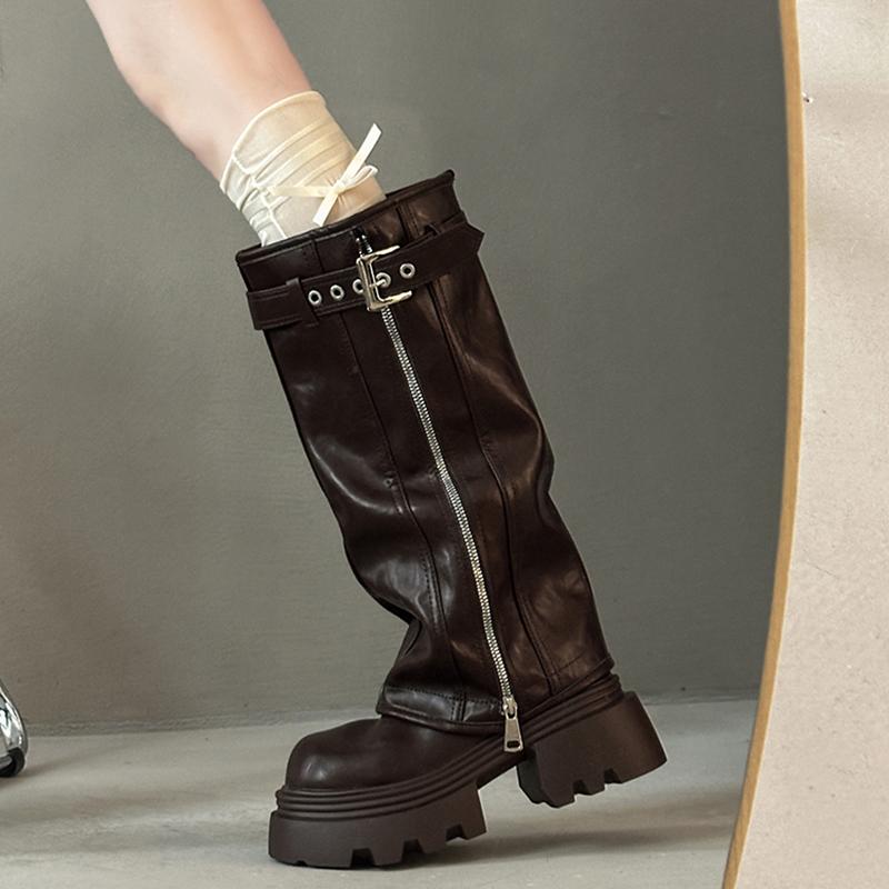 Gürtelschnalle Damen Kniehohe Stiefel Weibliche Plateau Dicke Sohle Hosenbeine Lange Stiefeletten Herbst Winter Damenschuhe