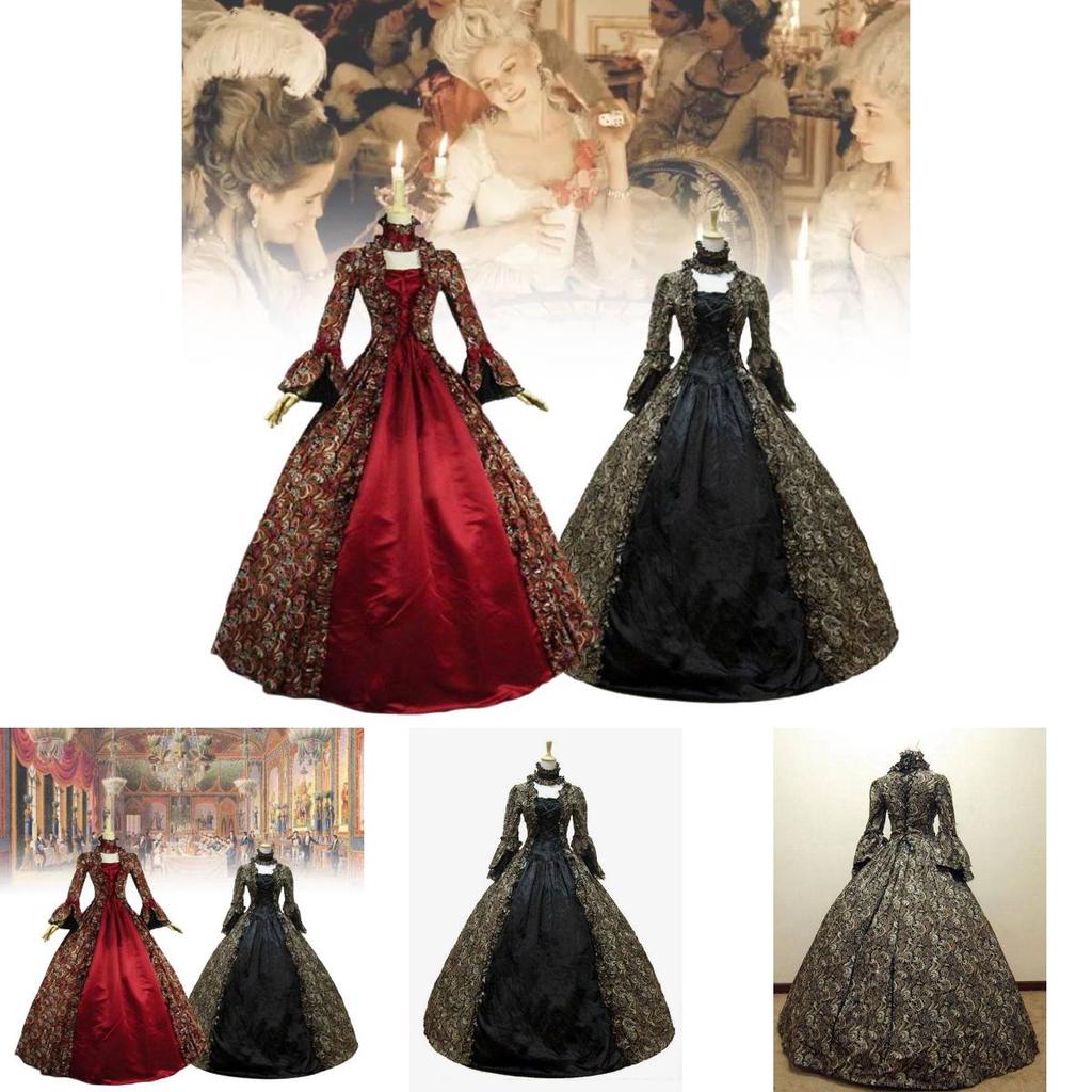 Court Victoria Dress Long Sleeved Flared Print Skirt Cosplay Costume Halloween