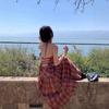 Red Plaid Dress Niche Neck Suspender Skirt Women's Summer Backless Strap A-shaped Skirt Temperament Seaside Long Dress