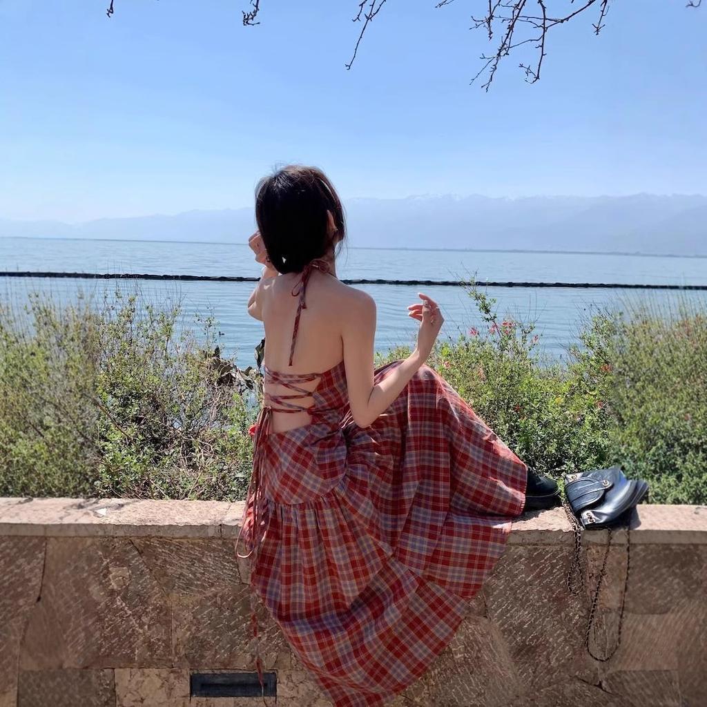 Red Plaid Dress Niche Neck Suspender Skirt Women's Summer Backless Strap A-shaped Skirt Temperament Seaside Long Dress