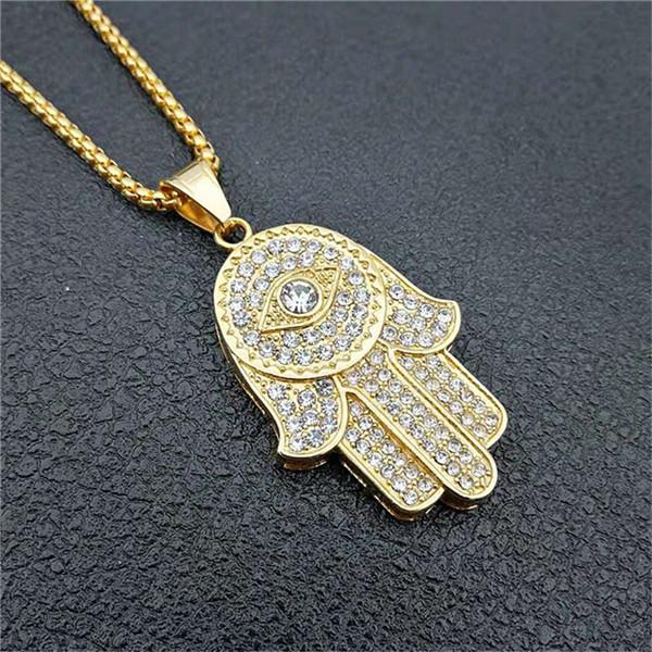 Türkisches Nazar Boncuk Hamsa Hand der Fatima Anhänger Halskette Goldfarbe Edelstahl Iced Out Ketten Für Damen Herren Hip Hop Schmuck