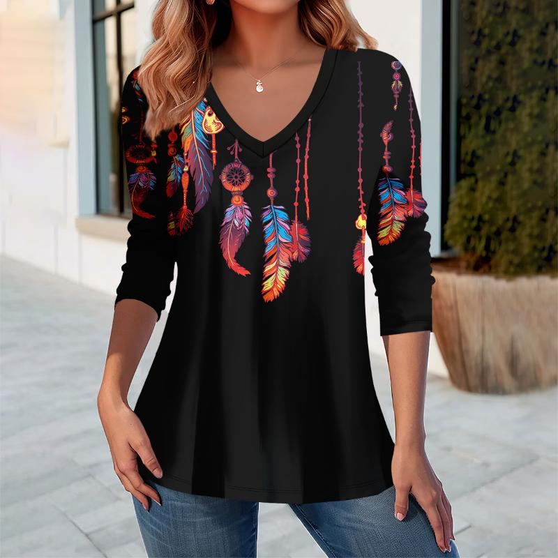 Übergröße Europäische und Amerikanische Mode 2025 Damen Elegantes V-Ausschnitt Langarm T-Shirt