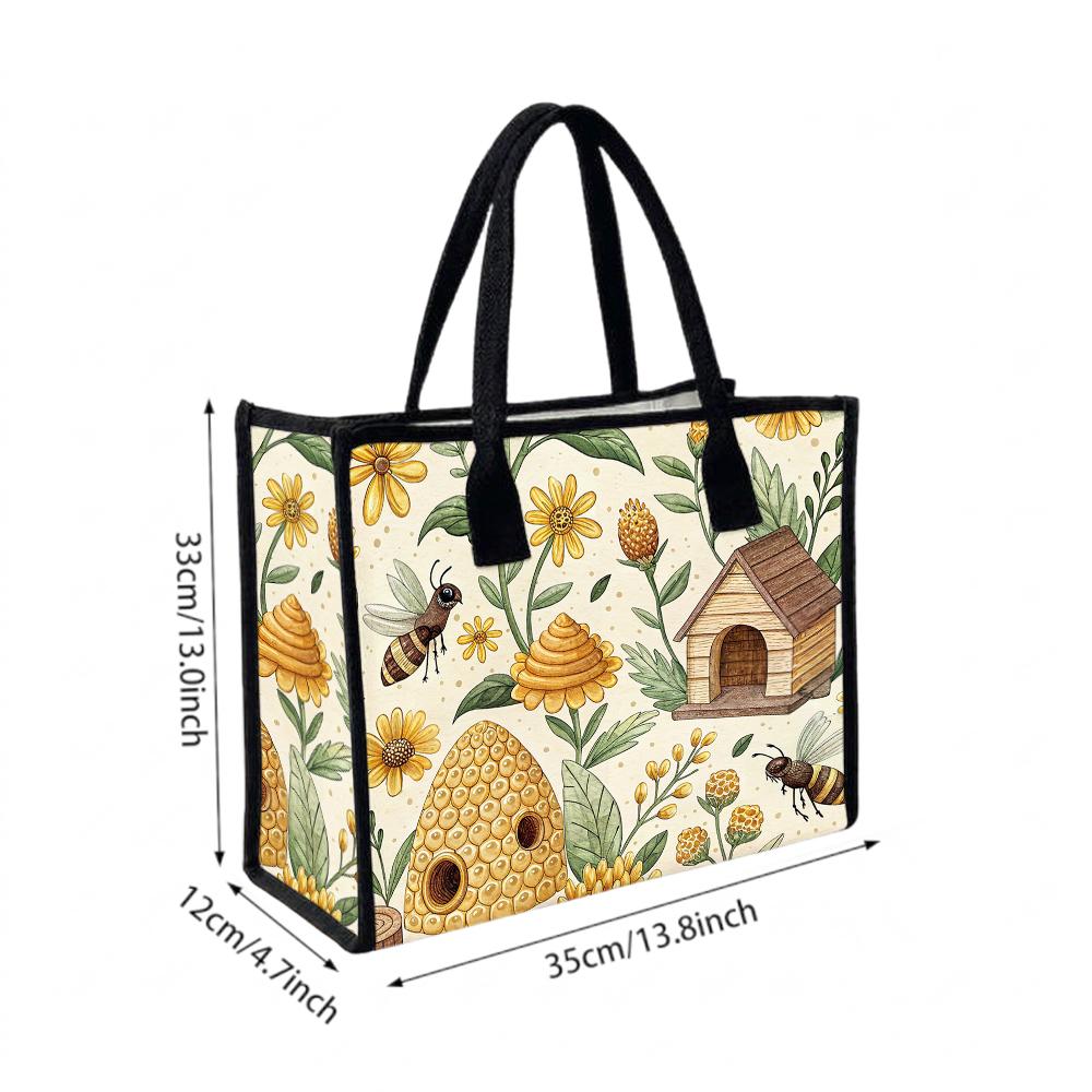 Honey Bee Print Casual Daily Tote Bag Cute Floral Pattern Outdoor Handbag