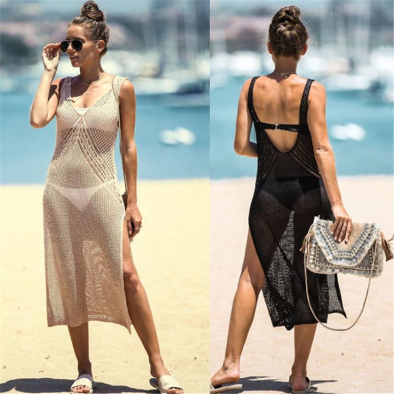 Summer Women's Knitted Sexy Backless Halter Beach Cover Up Holiday Sun Shirt Bikini Outer Cover Up