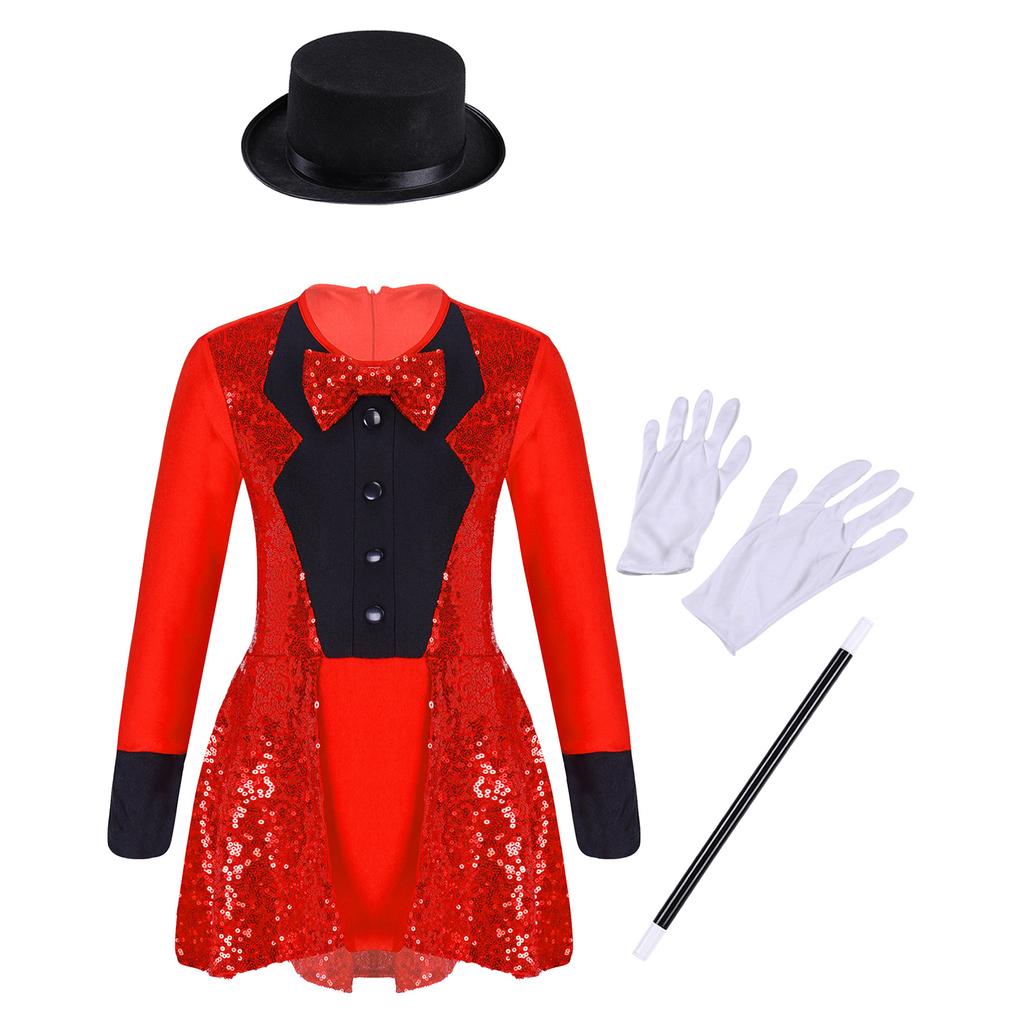 Girls Magician Costume Set Long Sleeve Bow Tie Back Zipper Sequin Leotard Hat Magic Wand Gloves