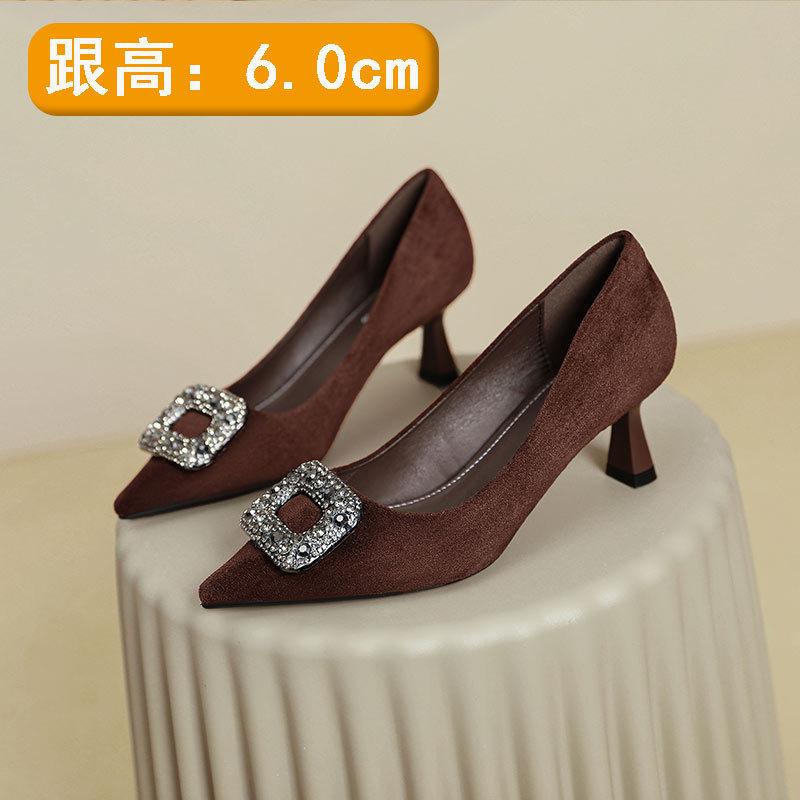 

Pointed rhinestone high heels women s thin heels sexy 2025 new spring and autumn not tired feet black suede French single shoes 40