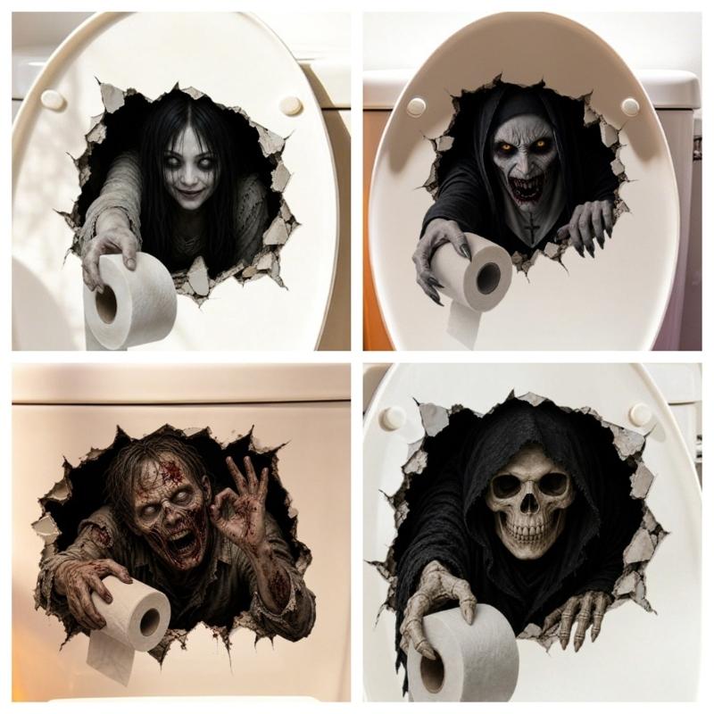 6-Piece Halloween Horror Toilet Stickers Bathroom Wall Decal Set, Water-Resistant PVC Characters for Smooth Toilet, Tile, and Other Flat Application