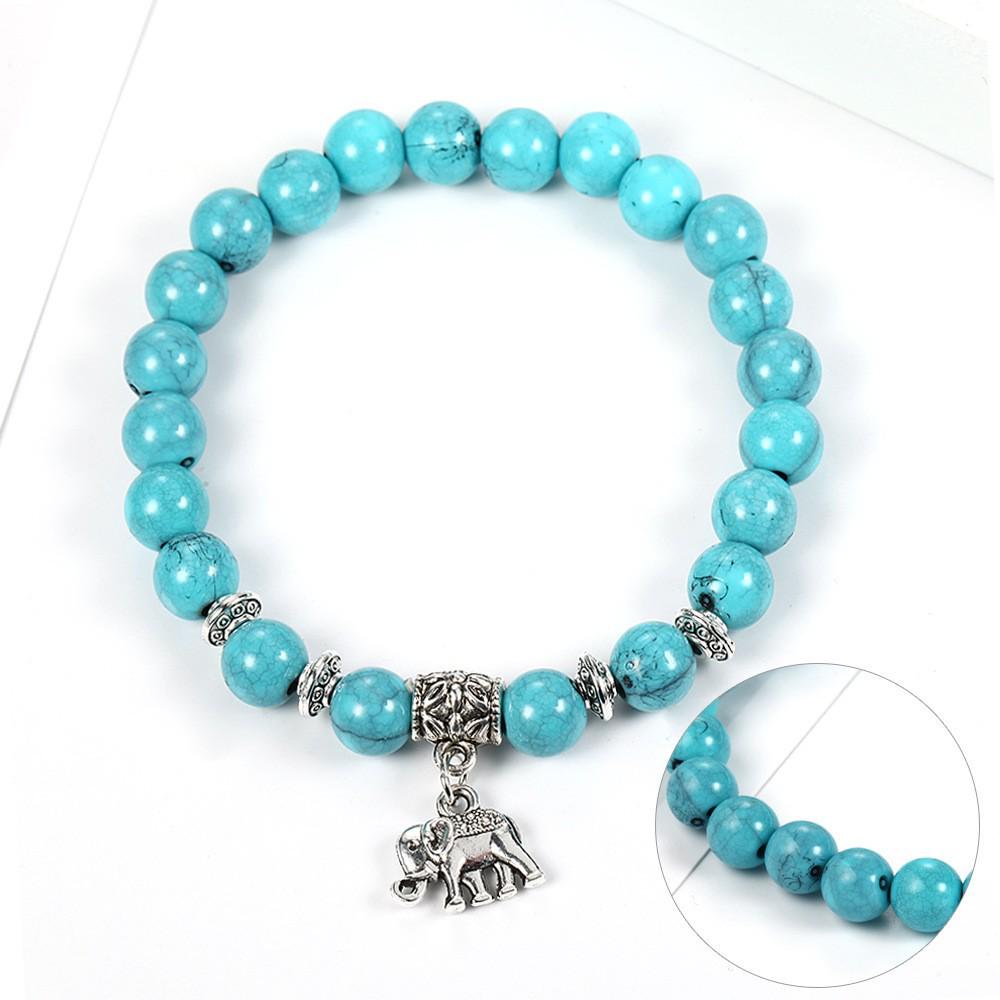 Blue Round Bead Elastic Bracelet with Elephant Charm
