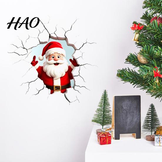 Easy to Apply Holiday Window Stickers 3D Santa Claus Wall Sticker, Realistic Breaking Decal for Christmas Decoration, Decor Living Room Waterproof PVC