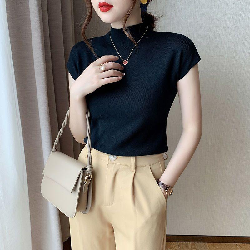 

Летние новые трикотажные однотонные повседневные рубашки женские топы с коротким рукавом облегающие свободные блузки с высоким воротом женские элегантные модные офисные женские блузки 26264 One Size