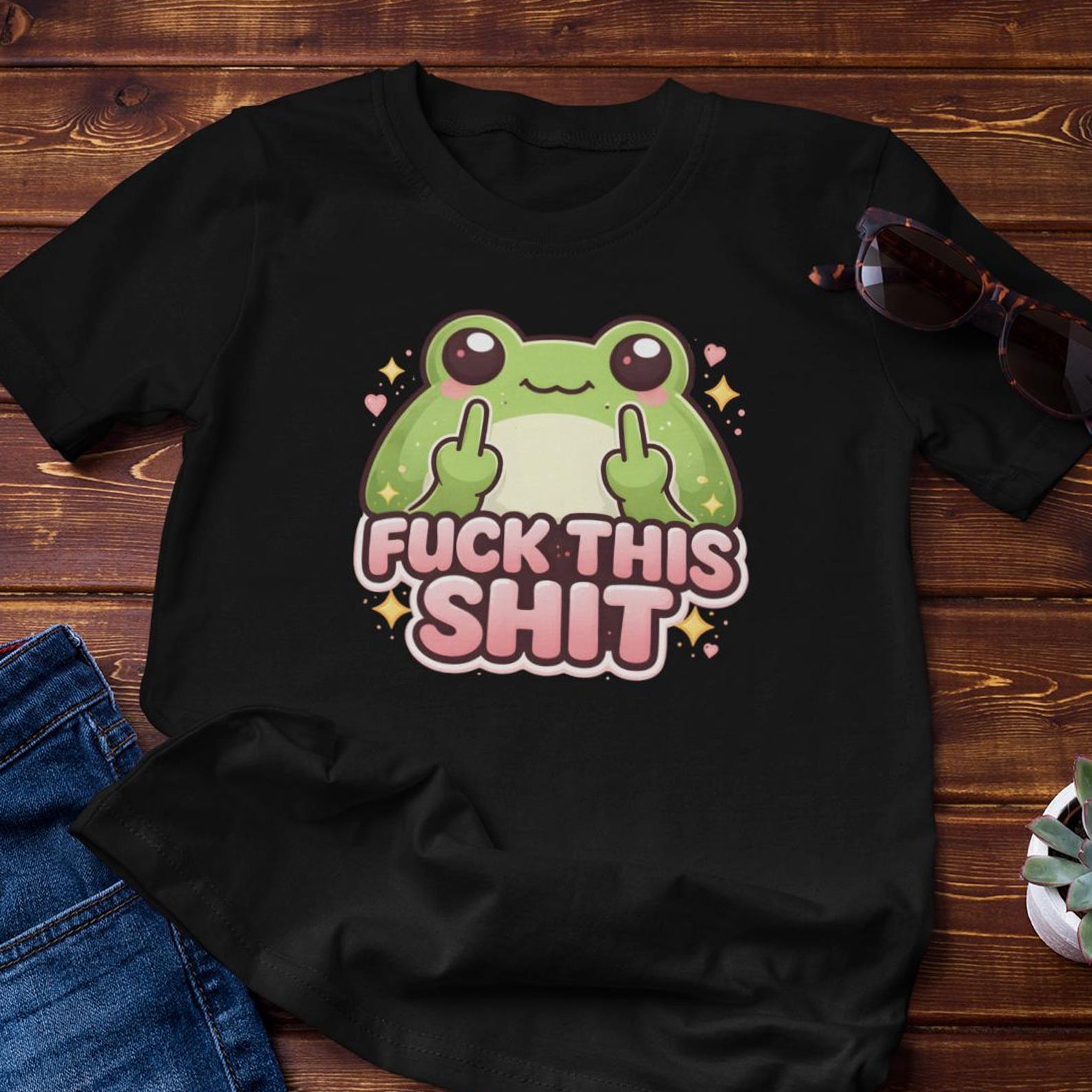 Funny Shirt - F*** This Shit - Cartoon Frog Double Middle Fingers - Offensive Cotton Tee L