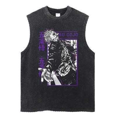 Herren Gewaschene Schwarze Weste Sommer Streetwear Anime Print Tanktops Damen Lässige Ärmellose Tops Shirt Vintage Baumwoll-T-Shirts