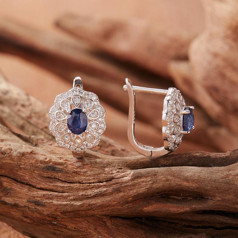 Retro Hollow Pattern Natural Sapphire Stud Earrings Women'S S925 Sterling Silver Colored Jewelry