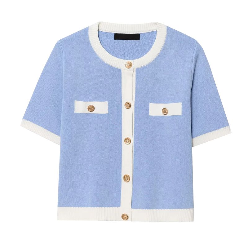 Summer New Women clothes Graceful Simple Golden Breasted Long sleeve round Neck Short Knitted Outerwear 1822006