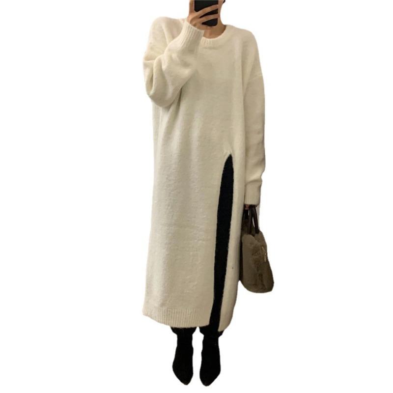 Retro loose lazy wind pullover solid color knee long split knit crew neck sweater skirt
