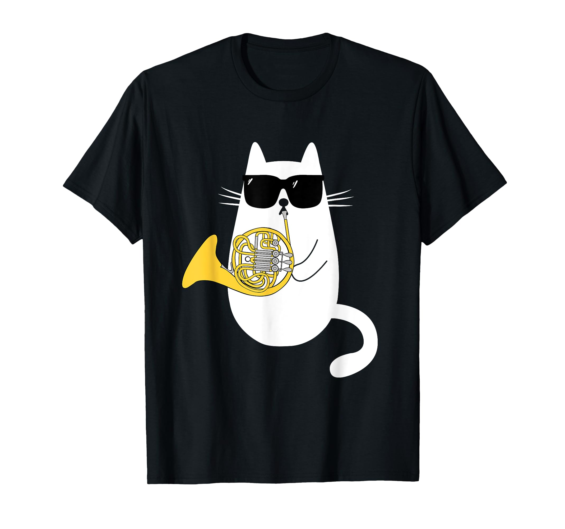 

Cat and horn, cat and sunglasses, cat lover, cat owner, cat lover, horn, French horn, wind instrument, classical music, cat, cat, cat T-shirt