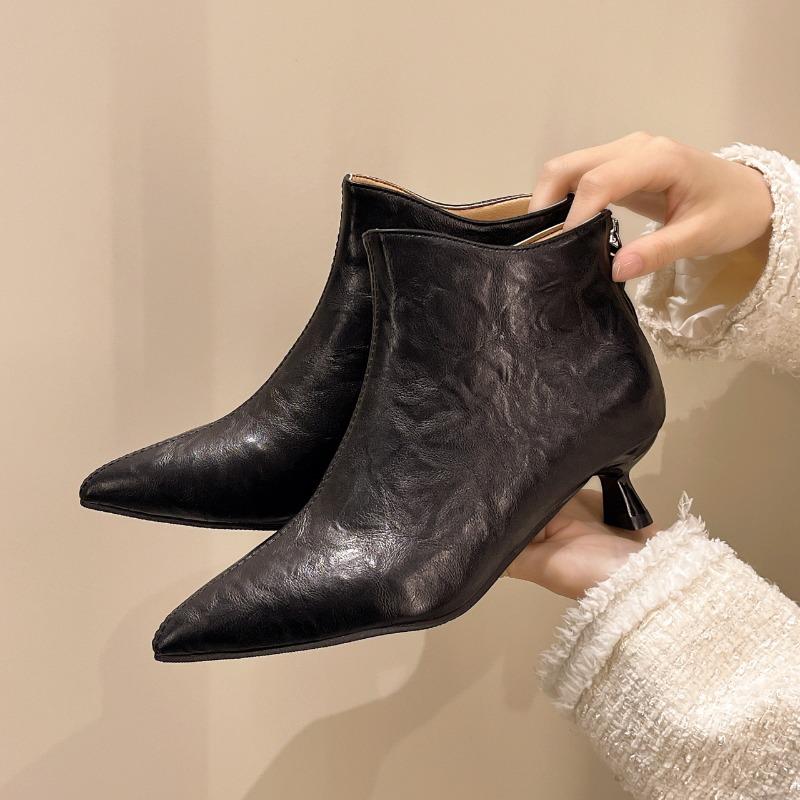 Women's Ankle Boots Vintage Pointed Toe Leather Boots Fashion Casual High Heeled Boot Classic Women Chelsea Boots Botas De Mujer