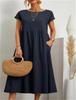 Women's Elegant Solid Color Dress Summer Short Sleeve O-Neck Vintage Harajuku Cotton Linen Comfortable Loose Pocket Long Dress