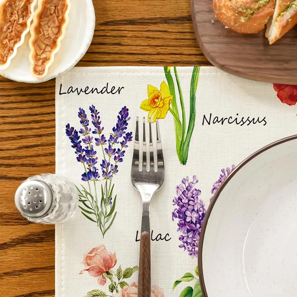 4PC Spring Floral Placemats, Woven Rectangular Table Mats, Machine Washable, Decorative