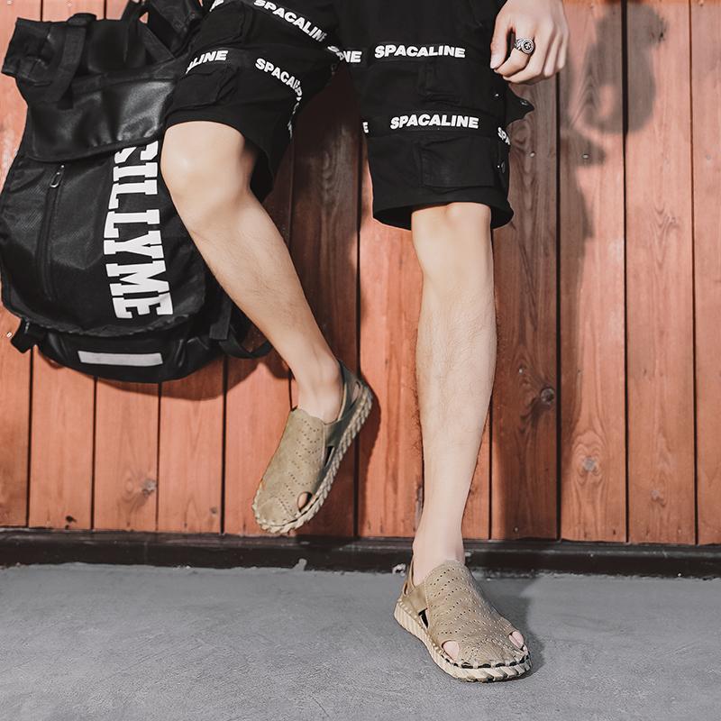 Fashion Men Handmade Sandals PU Solid Color Hollow Soft Sole Business Casual Sandals Comfortable Breathable Non Slip Beach Shoes