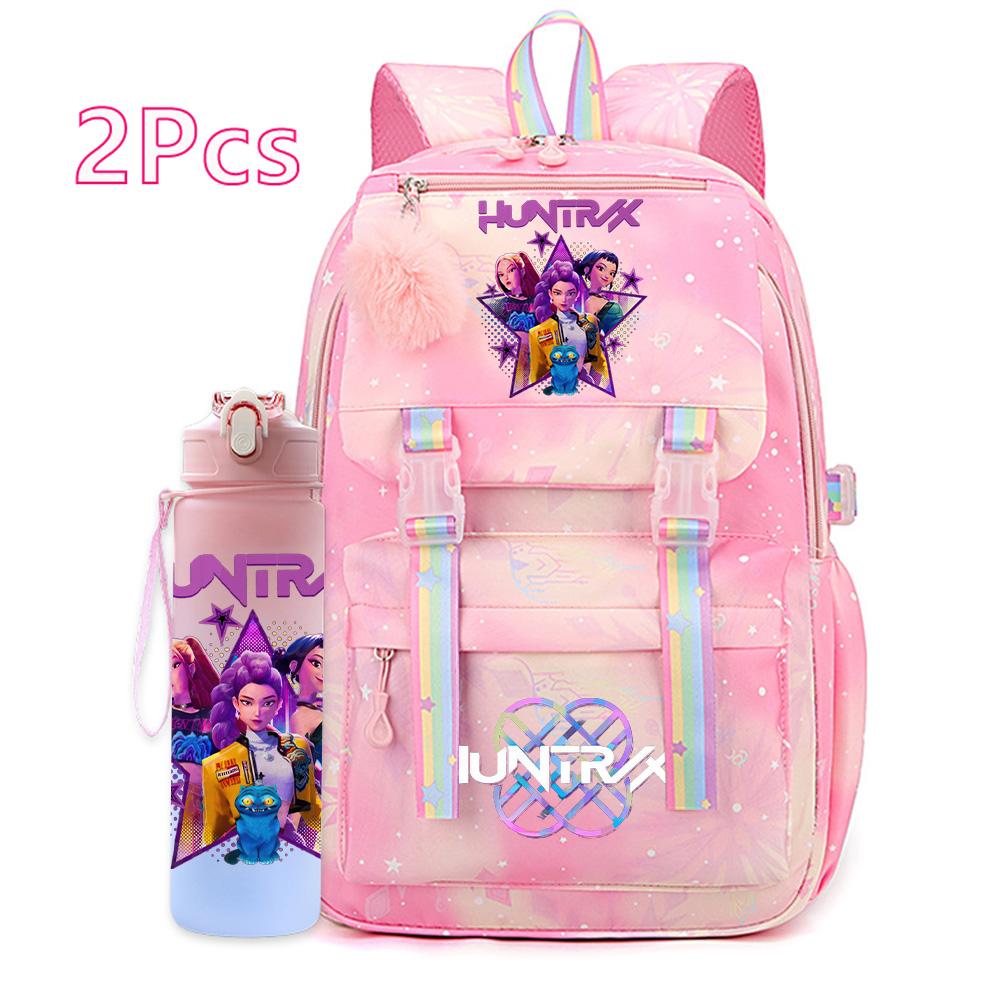 2Pcs/set New Anime Kpop Printed Backpack with 750Ml Water Bottler Large Capacity Travel Bag for Teenager Girl Boy Bookbag Kid Gift Large Capacity Bag