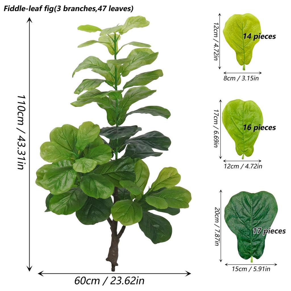 Artificial Fiddle Leaf Fig Plant with 3 Branches and 47 Leaves - Waterproof, Sunscreen, Nordic Style for Indoor/Outdoor Decor