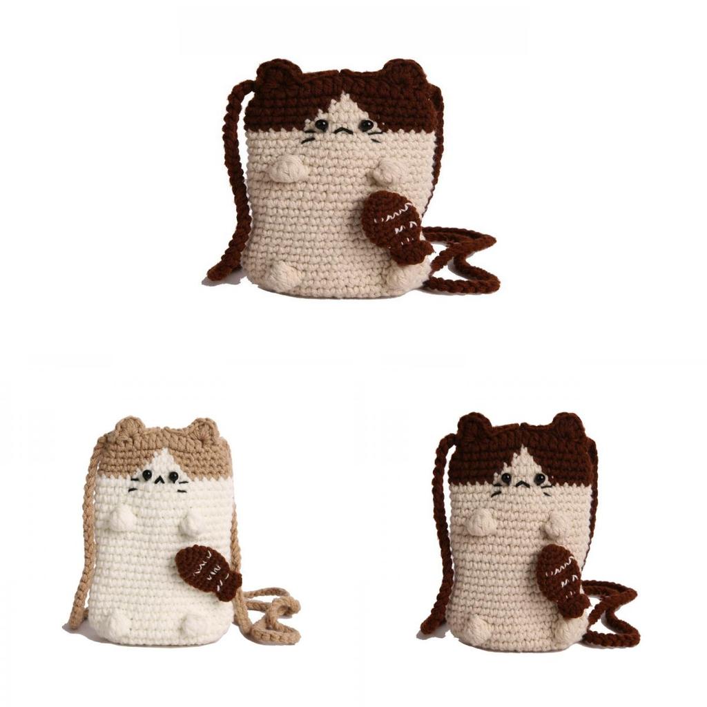 Cat Cartoon Handwoven Woolen Mobile Phone Bag With Shoulder Strap For Casual Daily Use