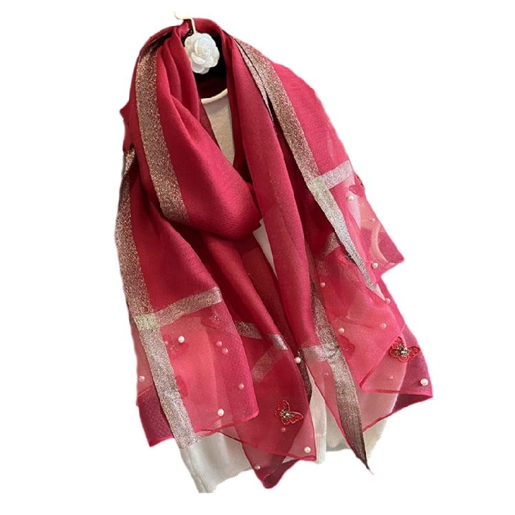 Stylish Butterfly Design Polyester Scarf Women Hijab Shawl Stole Wrap Beaded Accents Fashion Accessory