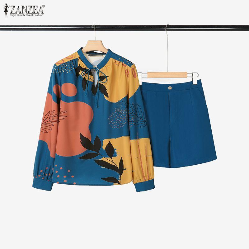 ZANZEA Women Long Sleeve Print Blouse and Shorts Casual Two Piece Suit Sets