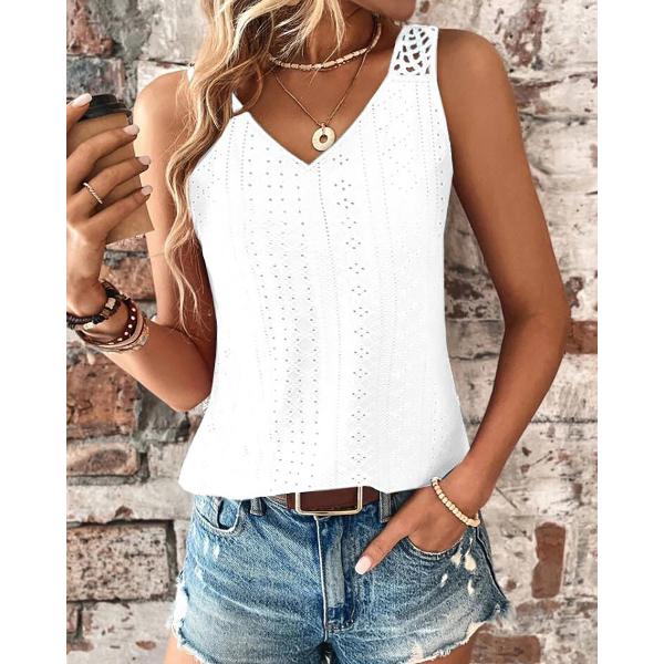 Summer Sleeveless V-Neck Hollow Out Vest with Lace Detailing