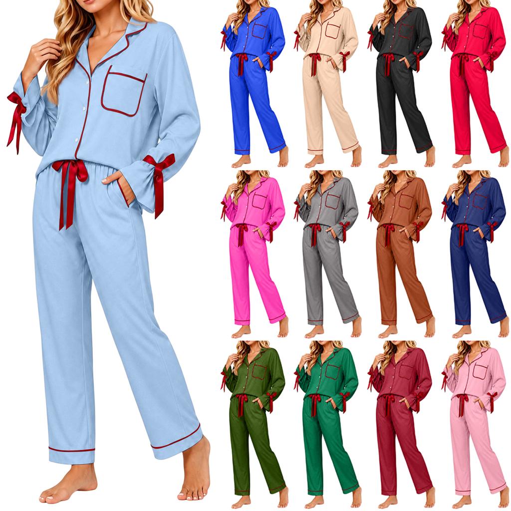 Women's Long Sleeve Top with Chest Pocket and Pants Casual Pajama Set