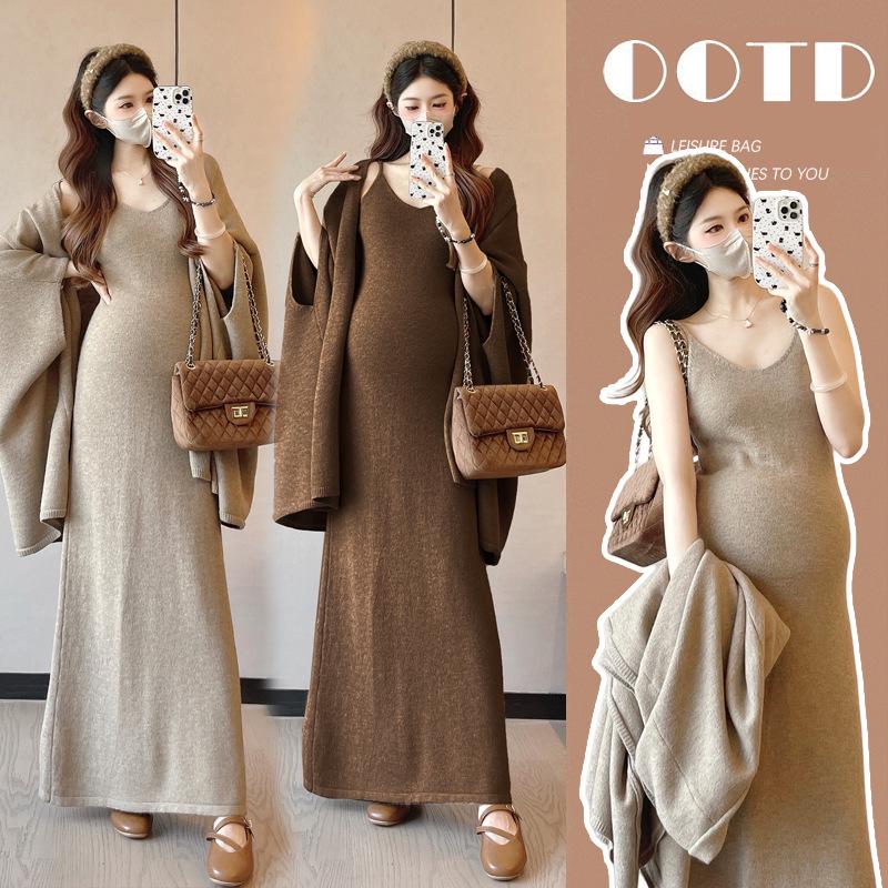 Korean Plus-Size Maternity Suspender Dress & Shawl Jacket Set M